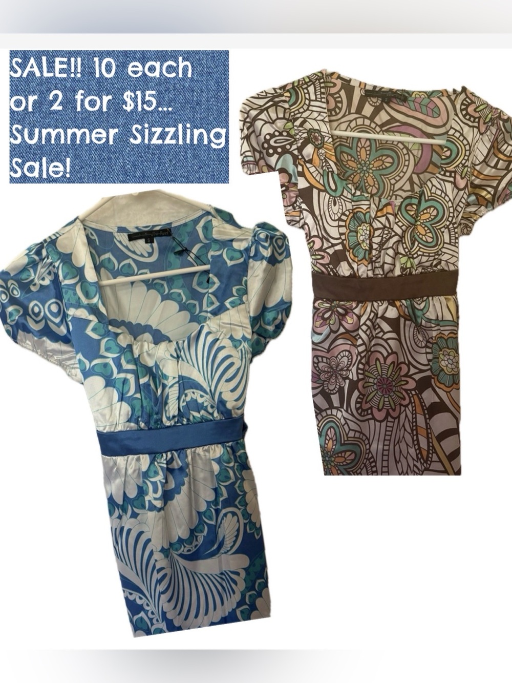 Pierri NY Blue & White and/or Brown & White Paisley Short Sleeve Tie Waist Top
